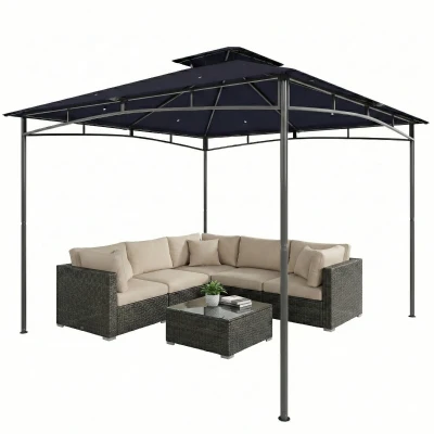 Outsunny 10' x 10' Gazebo, Soft Top Outdoor Gazebo with 2-Tier Roof, Metal Frame, Navy Blue