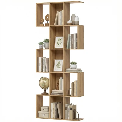 HOMCOM 5-Tier Bookshelf, S Shaped Geometric Bookcase with 15 Compartments, Oak