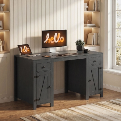 HOMCOM 53" Farmhouse Executive Desk, Computer Desk with Drawers and 2 Cabinets, Study Table for Home Office, Black Wood Grain