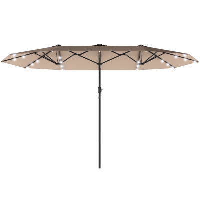 Outsunny 174" Double-Sided Sun Umbrella Garden Parasol Patio Sun Shade Outdoor with LED Solar Light, Khaki