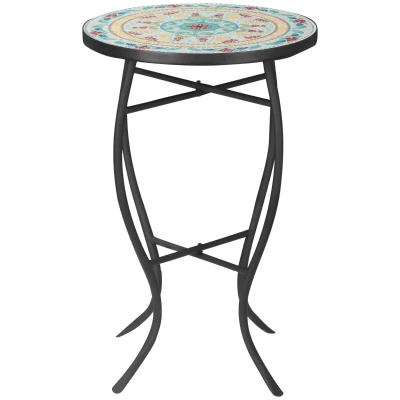 Outsunny Mosaic Patio Table, Round Coffee Table with Metal Frame, Garden Furniture for Outdoor, Poolside, Multicolor
