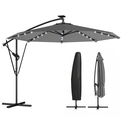 Outsunny 9.7ft Solar LED Cantilever Patio Umbrella with 32 LED Lights, Cross Base, Crank Handle, for Poolside, Deck, Dark Grey