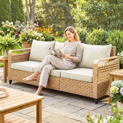 Outsunny Rattan 3-Seater Patio Sofa with Cushions, Beige