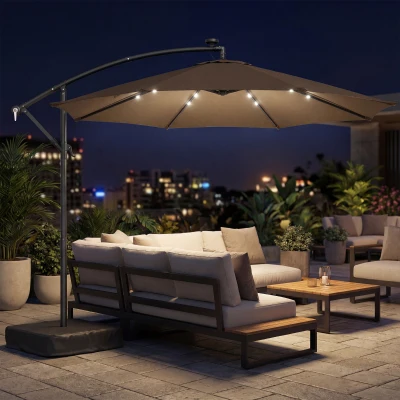 Outsunny 10 ft Cantilever Patio Umbrella with Lights & Cover, Tan