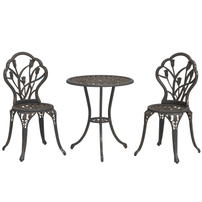 Outsunny 3PCs Patio Bistro Set, Outdoor Cast Aluminum Garden Table and Chairs with Umbrella Hole for Balcony, Bronze