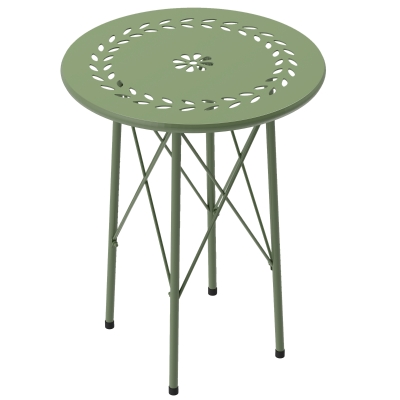 Outsunny 15.7" Round Garden Table with Floral Cut-Out, Steel Balcony Side Bistro Coffee Table with Adjustable Feet, Green