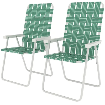 Outsunny Set of 2 Folding Patio Chairs, Portable Chair Set with Armrests for Camping, Garden, Pool, Beach, Backyard, Green
