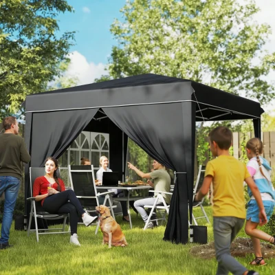 Outsunny 10x10 ft Pop-Up Canopy Tent with Sidewalls, Portable, Black