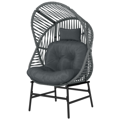 Outsunny Wicker Egg Chair, 330 lbs Outdoor Rattan Lounge Chair with Thick Cushion, Headrest, Steel Frame, Dark Grey