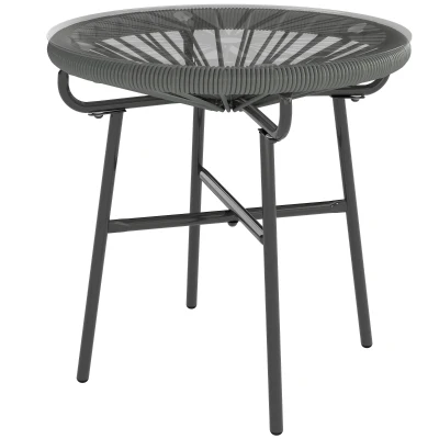 Outsunny Rattan Side Table, Round Outdoor Table, with Round PE Rattan and Tempered Glass Table Top for Patio, Garden, Dark Grey