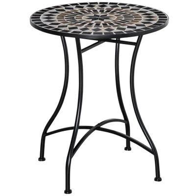 Outsunny Mosaic Patio Table, Round Coffee Table with Metal Frame, Garden Furniture for Outdoor, Poolside, Black