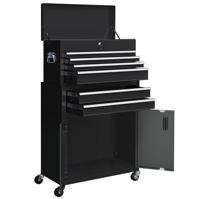 HOMCOM 6-Drawer Rolling Tool Chest, 2 in 1 Lockable Storage Cabinet with Hooks, Metal Tool Box for Garage, Workshop, Black