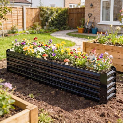 Outsunny 8 x 1.3 x 1.5ft Galvanized Raised Garden Bed, Reinforced Outdoor Planter Box with Open Bottom, Black