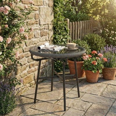 Outsunny Rattan Side Table, Round Outdoor Table, with Round PE Rattan and Tempered Glass Table Top for Patio, Garden, Dark Grey