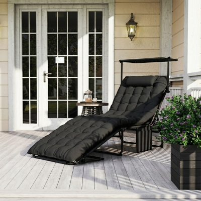 Outsunny Folding Lounge Chair with Adjustable Canopy, 4-Position Outdoor Tanning Chair with Headrest, Black