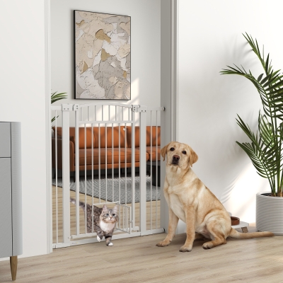 PawHut 30"-41" Extra Wide Pet Gate with Small Door, 42" H Dog Gate with 3-Inch and 5.5-Inch Extension Kit