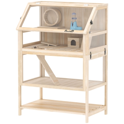PawHut Wooden Hamster Cage with Storage, Wheel & Ramps