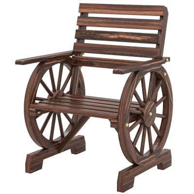 Outsunny Wood Outdoor Patio Chair, Lounge Chair with Wagon Wheel Armrests, Slatted Wide Seat, Slanted Backrest, Carbonized