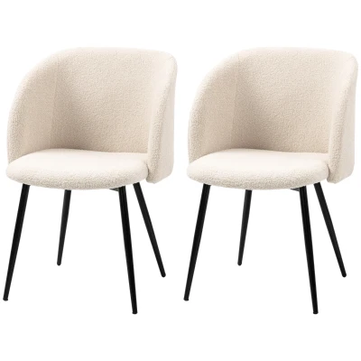 HOMCOM Dining Chairs Set of 2, Sherpa Fleece Upholstered Kitchen Chairs with Backrest and Steel Legs, Cream White