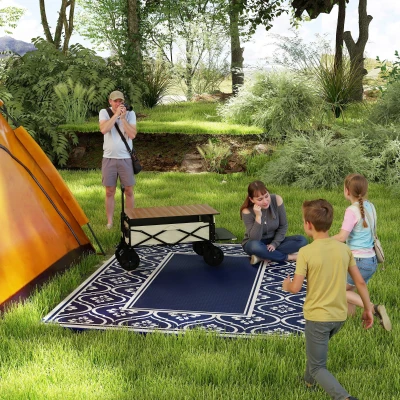 Outdoor Rug 120.1" x 95.7" x 0.12" Blue and White Gourd Border