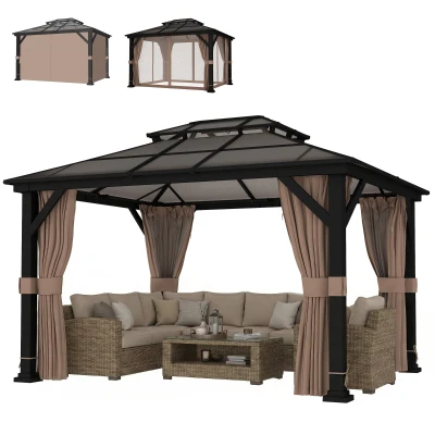 Outsunny 10' x 12' Hardtop Gazebo Canopy with Double PC Roof, Steel Permanent Outdoor Gazebo with Curtains and Netting, Khaki