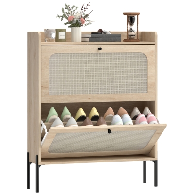 HOMCOM Boho Shoe Cabinet with 2 Flip Drawers, Oak