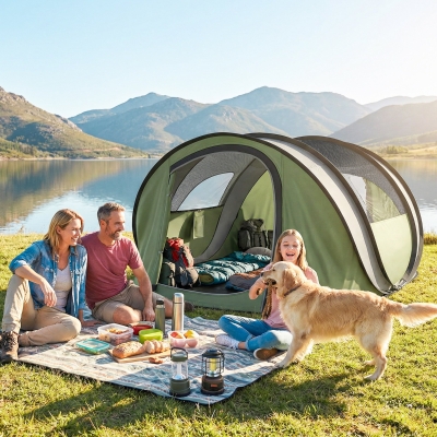 Outsunny Family Tent  Pop-Up Camping Tent with 2 Doors 2 Windows for 4-5 Person Waterproof Green