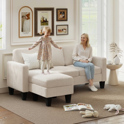 HOMCOM Sectional Sofa, L Shaped Couch, with Changeable Chaise or Ottoman, Cream White