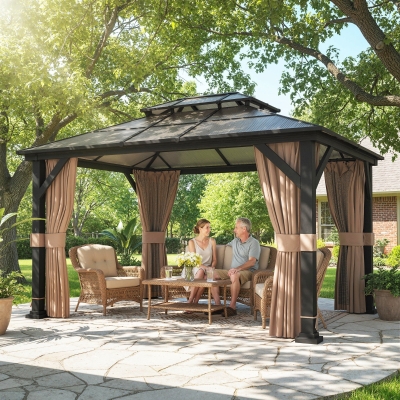 Outsunny 10' x 12' Hardtop Gazebo Canopy with Double PC Roof, Steel Permanent Outdoor Gazebo with Curtains and Netting, Khaki