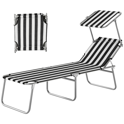 Outsunny Outdoor Folding Chaise Lounge Chair with Sun Shade, Black/White