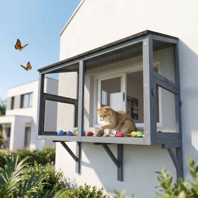PawHut Catio Outdoor Cat Enclosure Expandable Wooden Cat House with 2 Doors for Window, 39.4"L