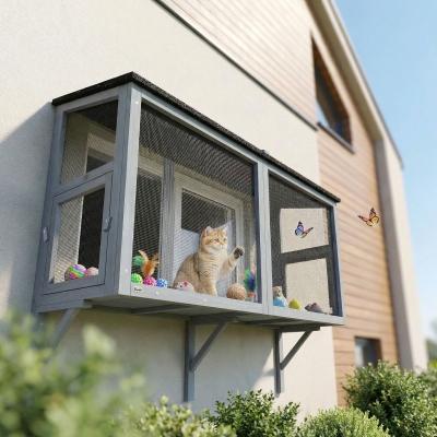 PawHut Catio Outdoor Cat Enclosure Expandable Wooden Cat House with 2 Doors for Window, 51.2"L