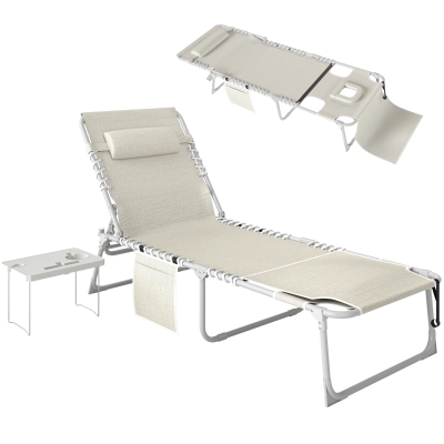 Outsunny Folding Tanning Chair with Face Hole & Side Table, Beige