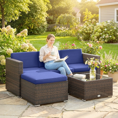 Outsunny 3 Pieces Patio Furniture Set with Cushions, Outdoor PE Rattan Wicker Conversation Corner Sofa Set with Glass Top Table