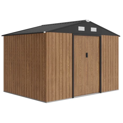 Outsunny 9.1'x6.4'x6.3' Garden Storage Shed, Outdoor Storage Tool House with Vents, Foundation and Lockable Double Doors, Teak