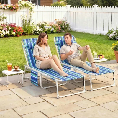 Outsunny Set of 2 Folding Tanning Chairs with Face Hole, Blue Stripe