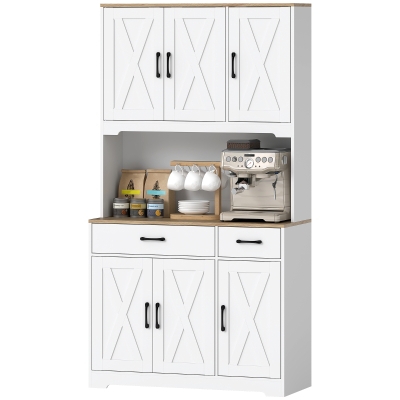 HOMCOM Tall Kitchen Pantry, 6 Doors, 2 Drawers, Adjustable Shelves & Worktop, Rustic Storage Cabinet for Living Room White