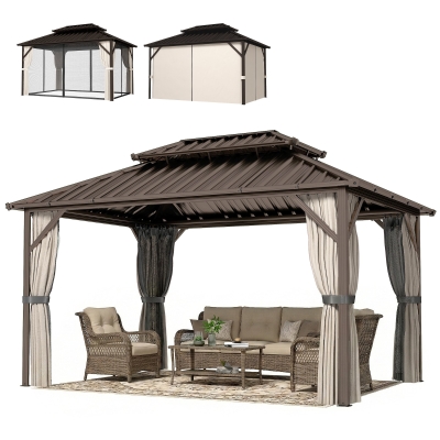 Outsunny 10' x 14' Hardtop Gazebo with Double Galvanized Steel Roof Canopy, Aluminum Frame Permanent Gazebo, Brown