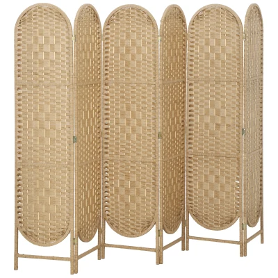 HOMCOM Bohemian Privacy Screen, Folding Room Divider with 6 Panels and Arched Top for Bedroom Living Room Office, Natural Wood