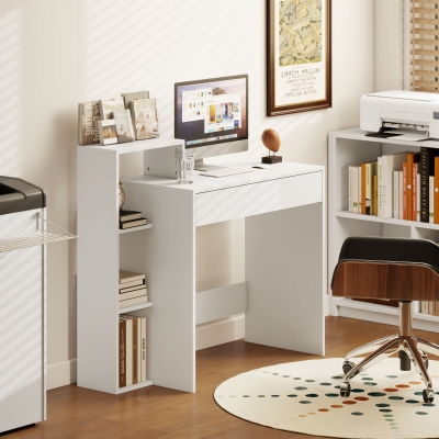 HOMCOM Desk with Storage, Computer Desk with 3 Open Shelves and Drawer White