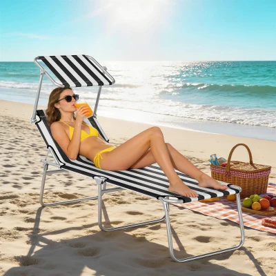 Outsunny Outdoor Folding Chaise Lounge Chair with Sun Shade, Black/White