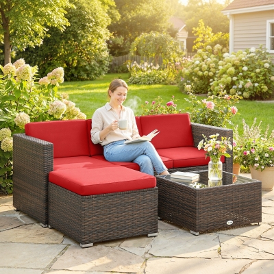 Outsunny 3 Pieces Patio Furniture Set with Cushions, Outdoor PE Rattan Wicker Conversation Corner Sofa Set with Glass Top Table