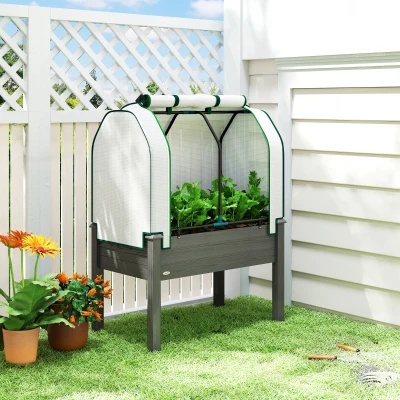Outsunny Raised Garden Bed with PE Greenhouse Cover, Dark Gray