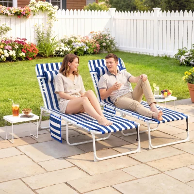 Outsunny Set of 2 Folding Tanning Chairs w/ Face Hole & Table, Blue