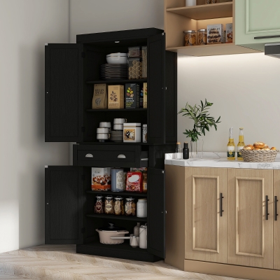 HOMCOM 72" Tall Pantry Cabinet, Kitchen Storage Cabinet with 4 Doors, Drawer and 2 Adjustable Shelves, Black Wood Grain