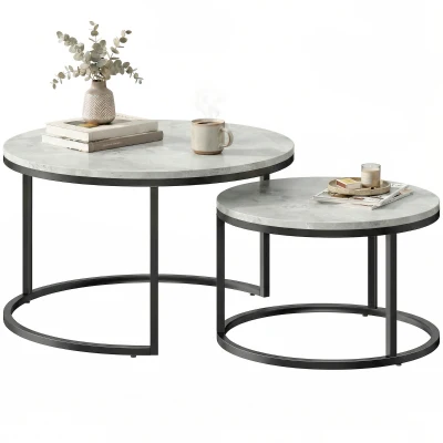 HOMCOM Modern Coffee Table Set of 2, Nesting Side Tables w/ Metal Base for Living Room Bedroom Office Marble Grey