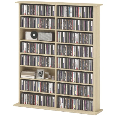 HOMCOM 8-Tier DVD Shelf with 12 Adjustable Shelves, Double CD Shelf, Holds 720 CDs, 396 DVDs or 396 Blu-rays, Natural Wood