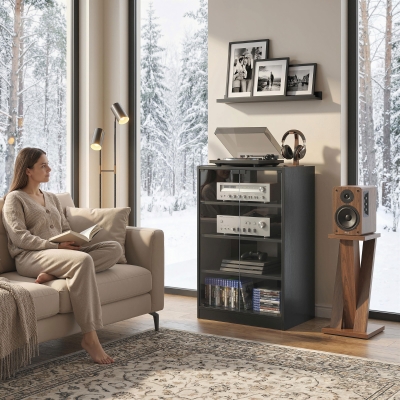 HOMCOM 5-Tier AV Media Stand with Push to Open Glass Doors, Audio-Video Storage Cabinet with Adjustable Shelves for DVD Players, Games Consoles, Routers, Distressed Black