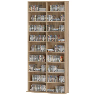 HOMCOM 9-Tier DVD Shelf with 18 Compartments and 14 Adjustable Shelves, Holds 640 CDs, 360 DVDs or 430 Blu-rays, Natural Wood