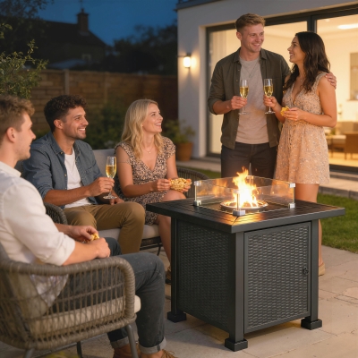 Outsunny 32" Propane Gas Fire Pit Table, 50,000 BTU Square Patio Table with Fire Pit, Wind Guard, Lid, CSA Certified, Black